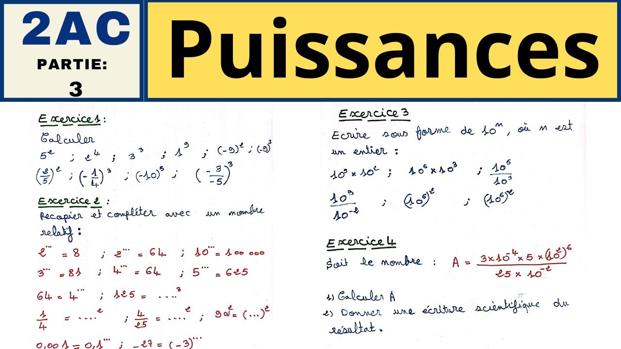 Maths biof: Puissances 2ème année collège exercices corrigés partie-3