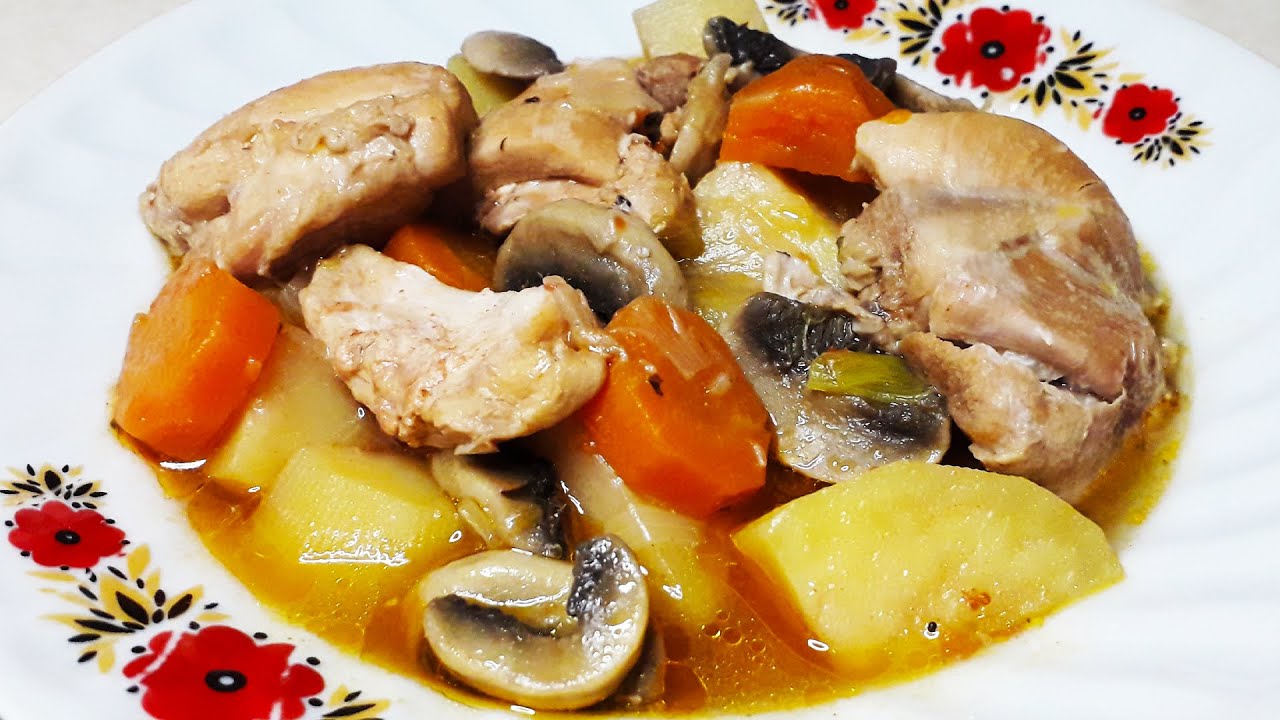 Пилешка яхния с праз, гъби и картофи в Мултикукър
