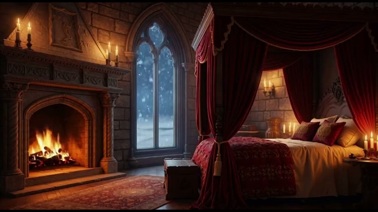 Warm Medieval Bedroom 🔥🛏️❄️ | 3 Hours Cozy Fireplace Ambience with Snow Outside