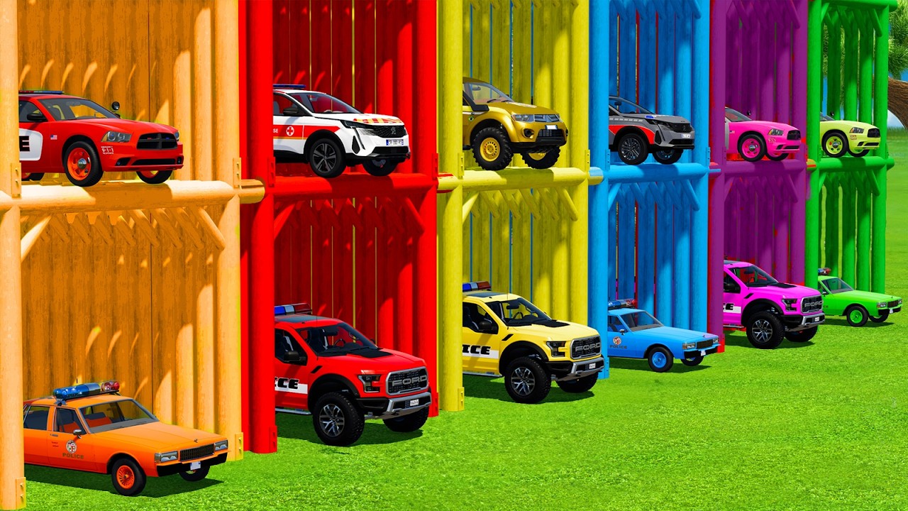 TRANSPORTING COLORED POLICE CARS, CHEVROLET, DACIA & FORD WITH TRUCKS - FS22