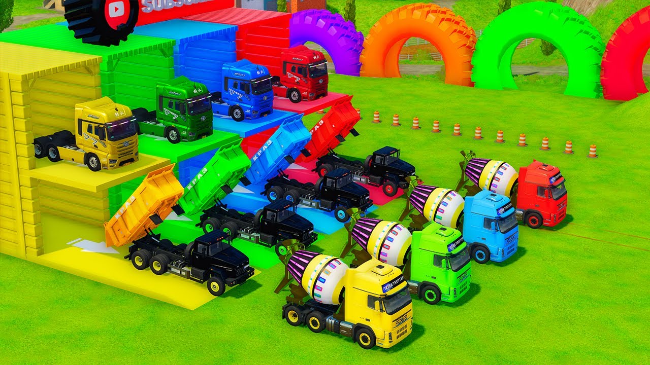 Garage with Colors - ALL MIXER TRUCK WITH DOUBLE FLATBED TRAILER TRUCK, MAN, SCANIA, TATRA, MERCEDES