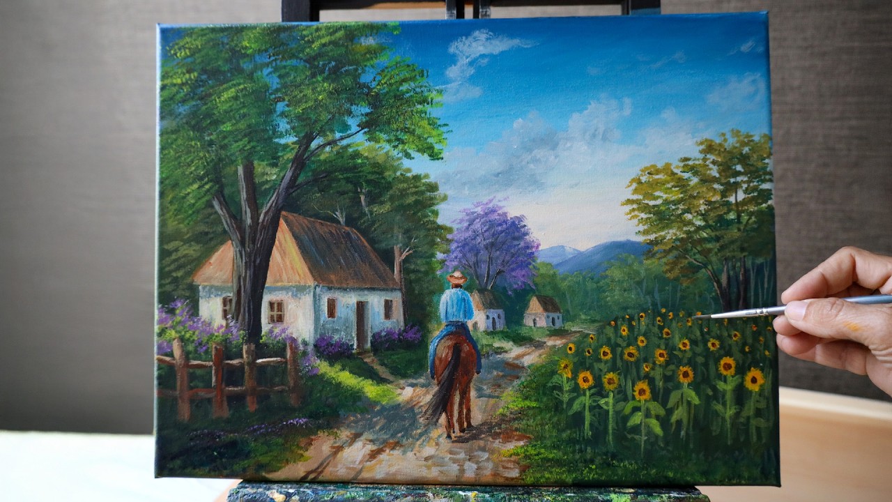 Acrylic Cowboy Painting in a Sunflower Field | Landscape Art