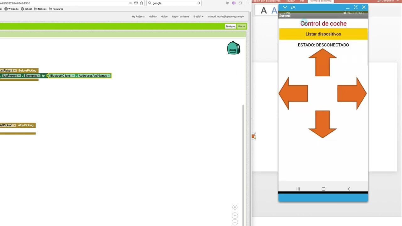 App desarrollada con App Inventor para el control de un coche por Bluetooth