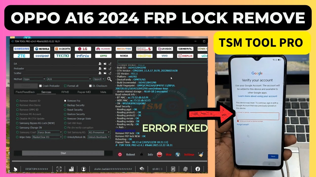 OPPO A16 2024 FRP Lock Remove TSM Tool Pro Error fixed