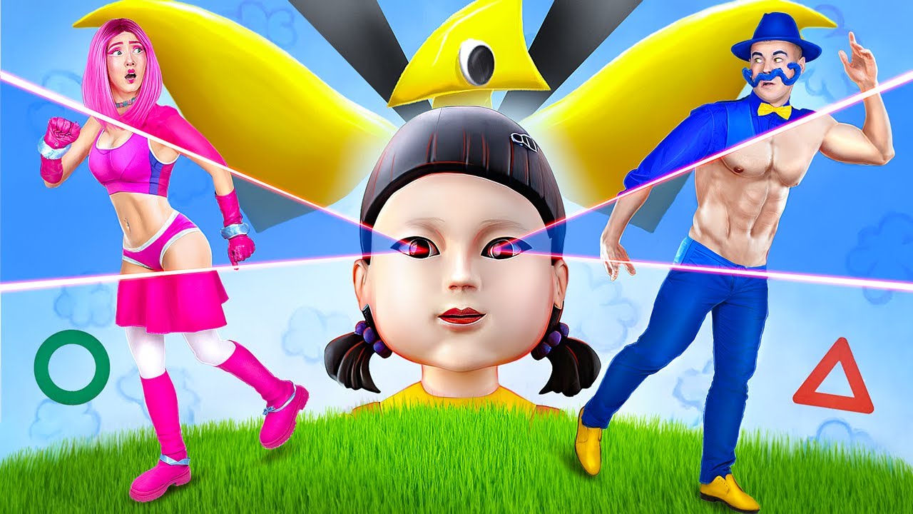 Máma Dlouhé Nohy a Táta Dlouhé Nohy ve Squid Game! Žlutá od Rainbow Friends v reálném životě!