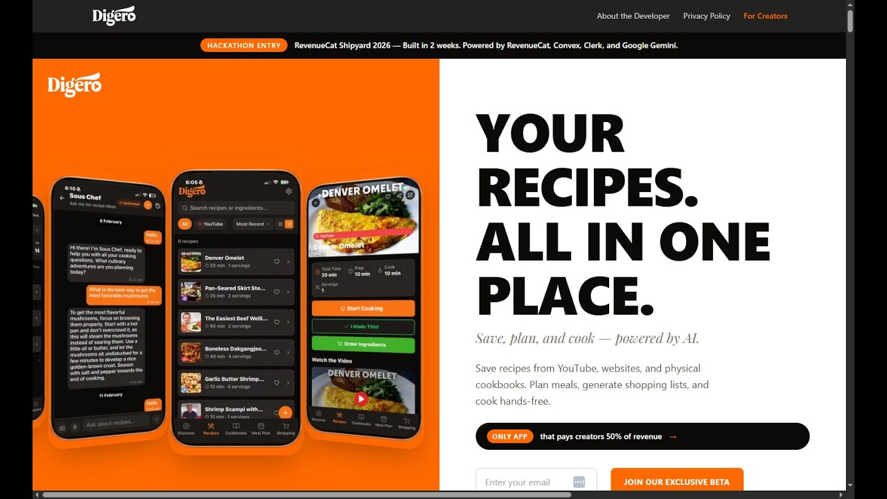 Digero &mdash; The Recipe App That Pays Creators | RevenueCat Shipyard 2026 Demo