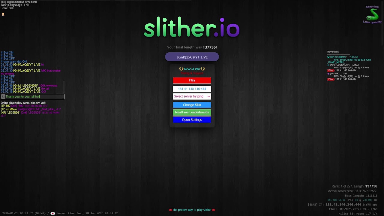 【slither.io】睡眠導入用の、寝れないひとが見る、深夜の、