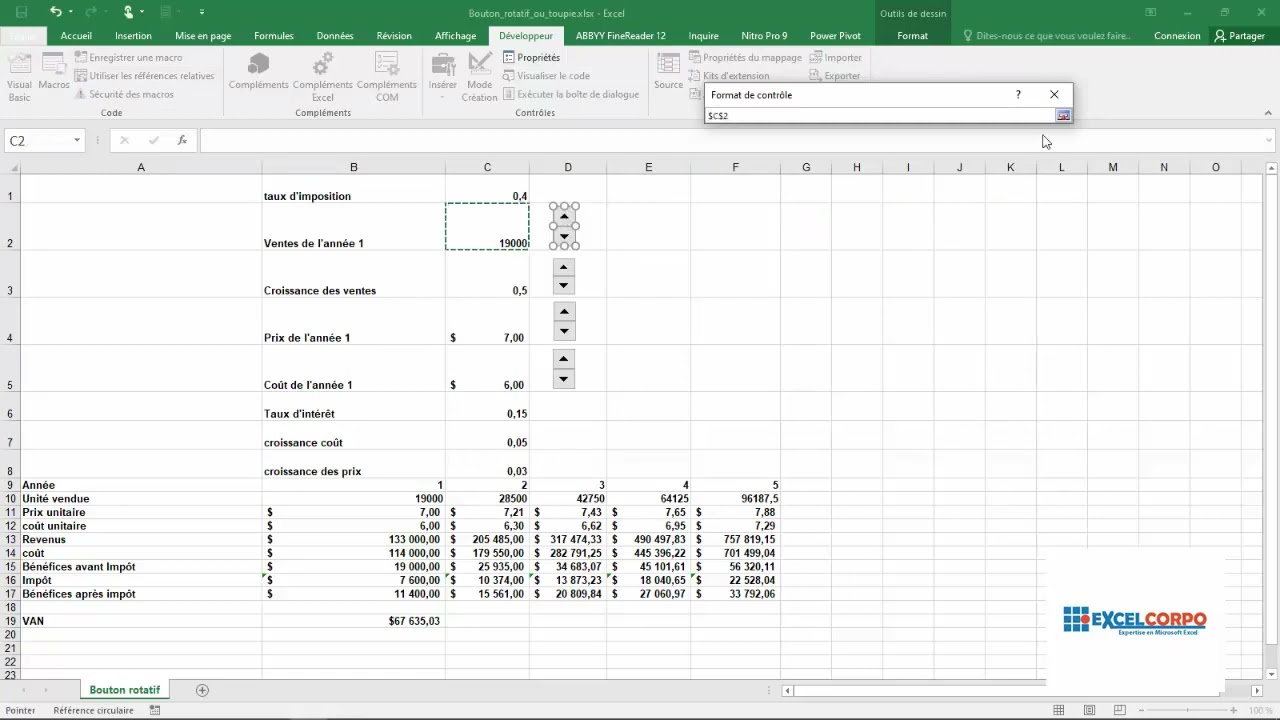 Contrôles de Formulaire d'Excel  02 - Comment varier les données avec le bouton rotatif ou toupie