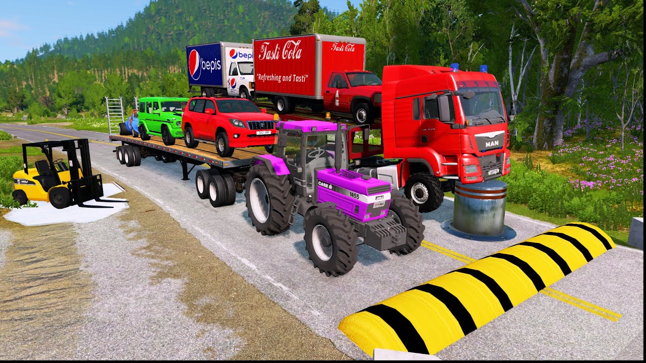 Double Flatbed Trailer Truck vs Speedbumps Train vs Cars Beamng.Drive