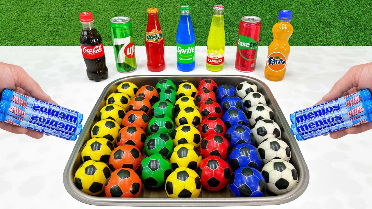 Mini Football vs Popular Sodas !!! Coca Cola, Sprite, Fanta, Pepsi, Fuse Tea Mentos in toilet