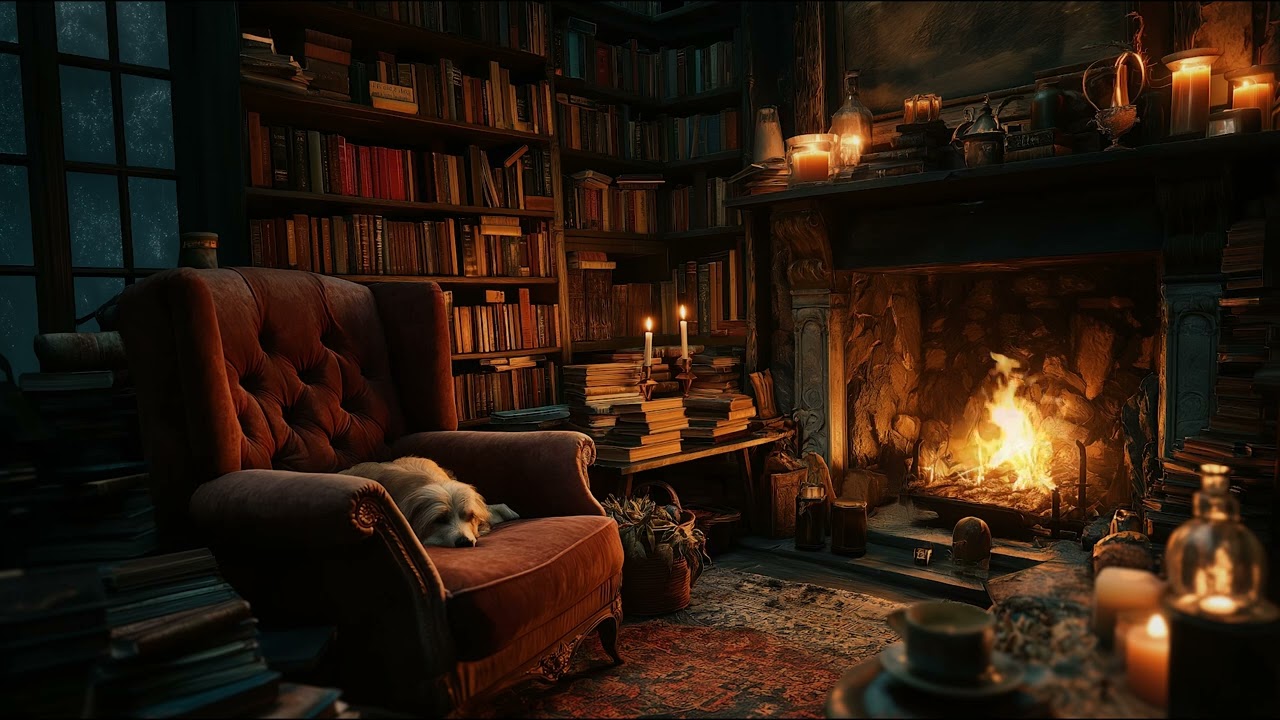 Peaceful Library Fireplace Ambience with Crackling Fire Sounds for Rest, Focus, and Sleep Aid