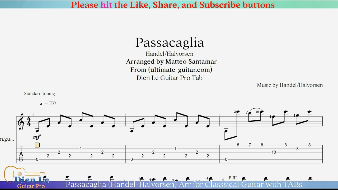 Passacaglia (Handel-Halvorsen) Arr for Classsical Guitar with TABs