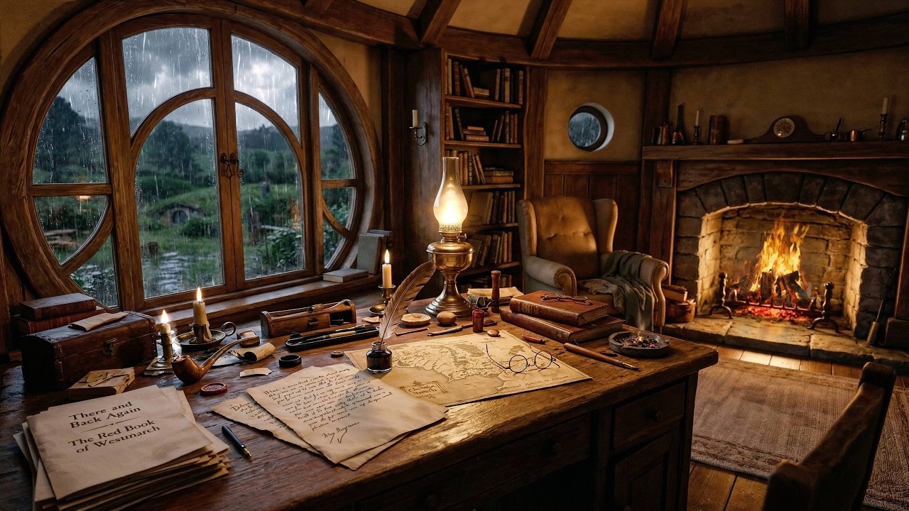 Bilbo Baggins Writing Desk Ambience 🌧️ Cozy Hobbit Study with Rain & Fireplace Sounds