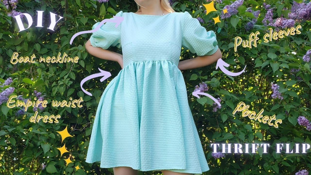 DIY an empire waist dress | Thrift flip project + inseam pockets and puff sleeves 💚