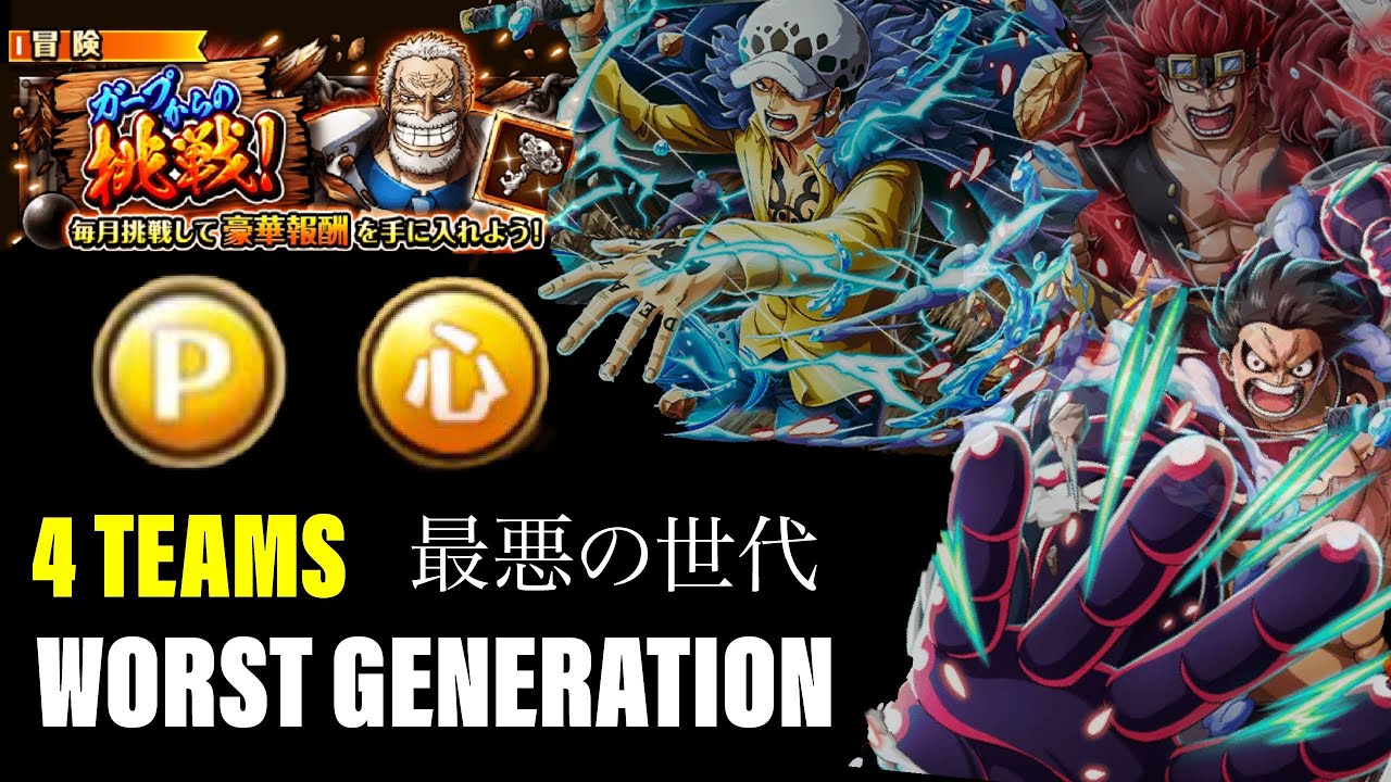 Full PSY ★11 Worst Generation Garp Challenge OPTC ガープからの挑戦！最悪の世代 心属性 4編成トレクル