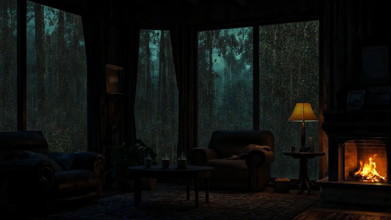 Cool Rain Lulls You to Sleep 🌧️ Wooden Fireplace Sounds & a Quiet Forest Relieve Stress 🔥🌲