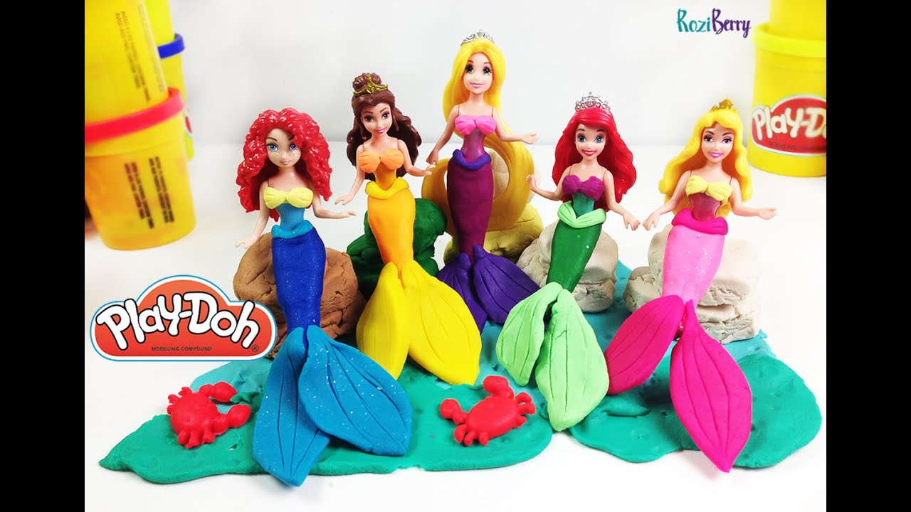 Play doh mermaid with Ariel MagiClip doll and Disney Princess mermaids Belle Merida Aurora playdoh