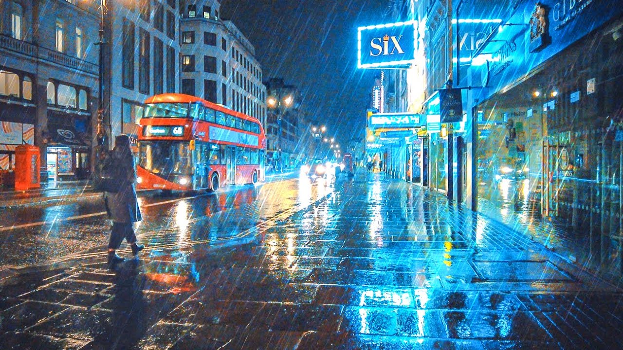Experience a Midnight Rainy London Walk - West End City Streets to London Eye - 4K 60FPS