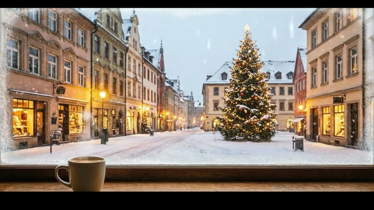 Snowy Christmas Town View | Cozy Cafe Window Ambience