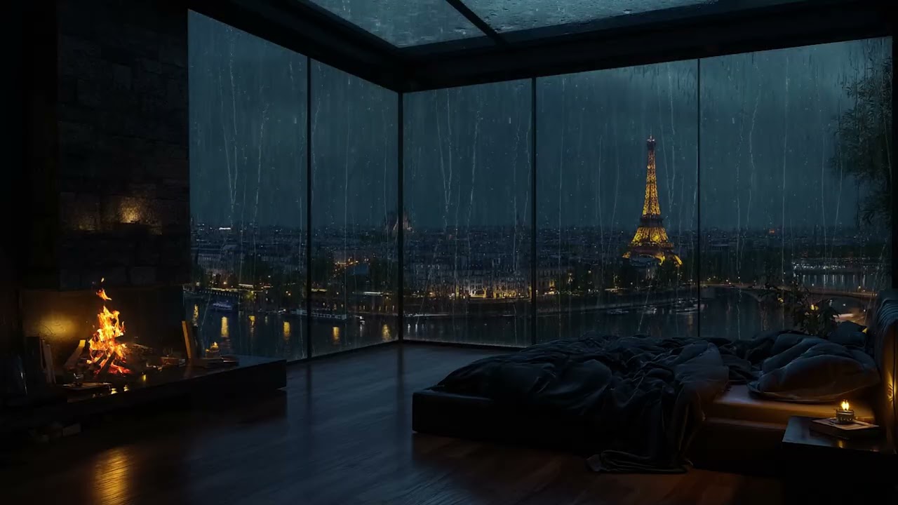 Paris Rainy Night 🌧️ Luxury Penthouse Bedroom & Fireplace Glow | Deep Sleep Ambience