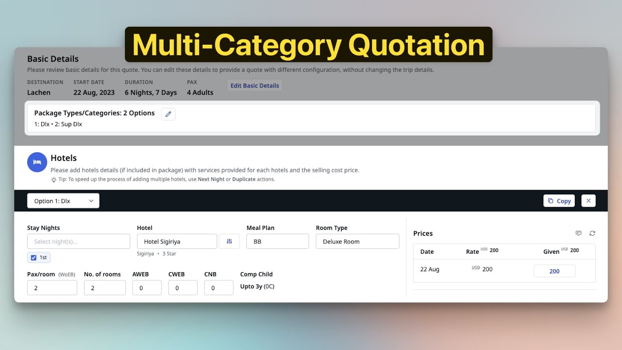Travel Quotes with Multiple Categories/Options in Sembark Travel CRM