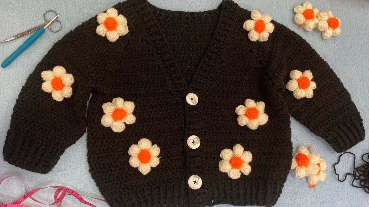 (Part 2) Crochet flawer jacket for baby جاكت كروشيه بناتي ورده )الجزء2