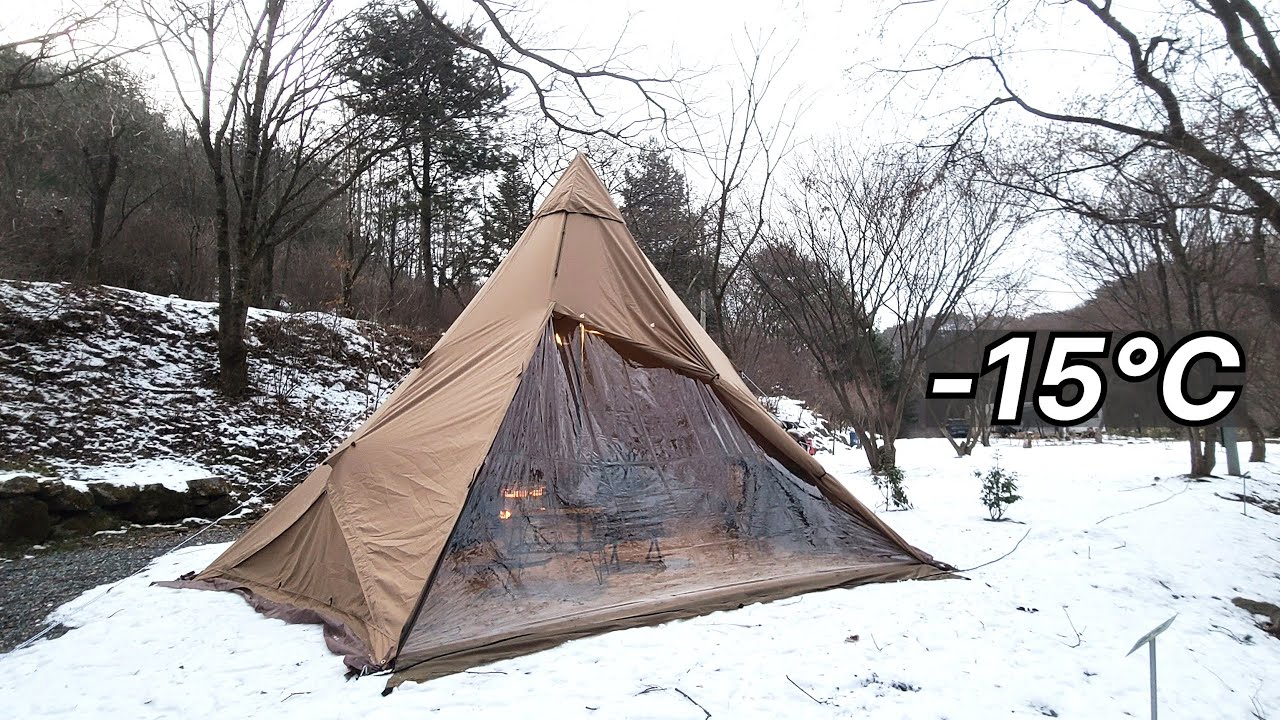 -15도 한겨울 눈밭에서 나홀로 동계캠핑 / 서커스 빅 티피텐트