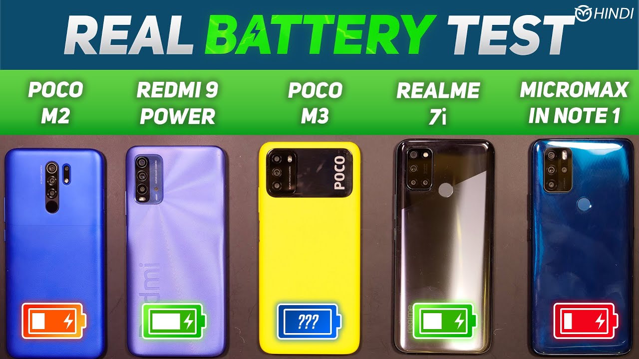 Poco M3 vs Redmi 9 Power, Realme 7i, Micromax Note1 Battery Drain Test | Charging | Gaming [Hindi]