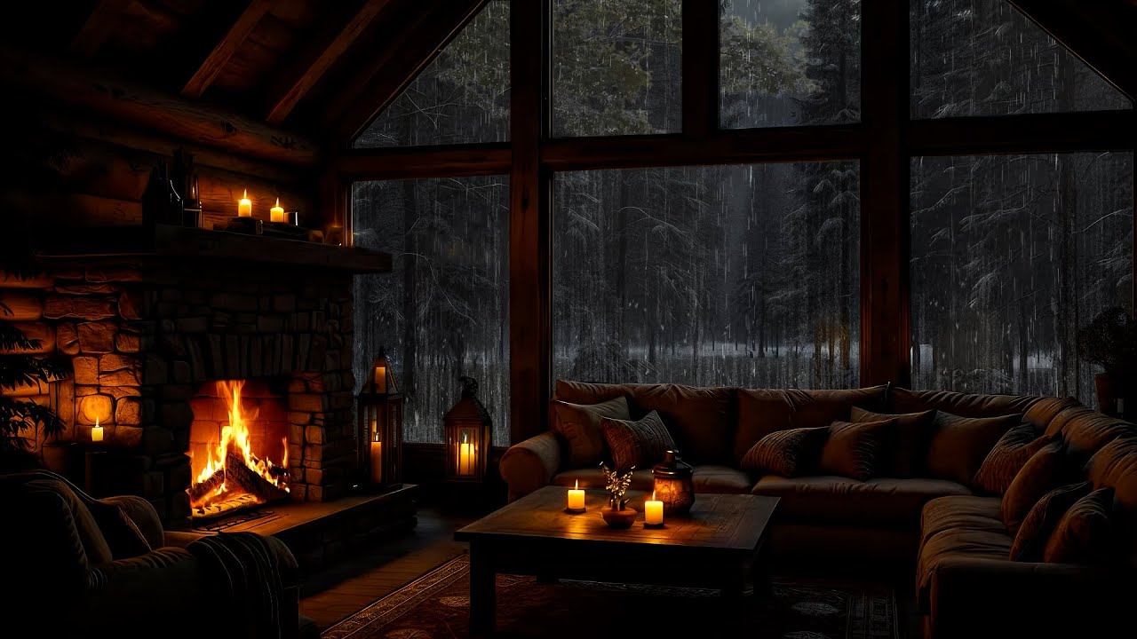 Peaceful Rainy Cabin Warm Fireplace Scene • Gentle Piano Music for Anxiety Relief & Deep Sleep
