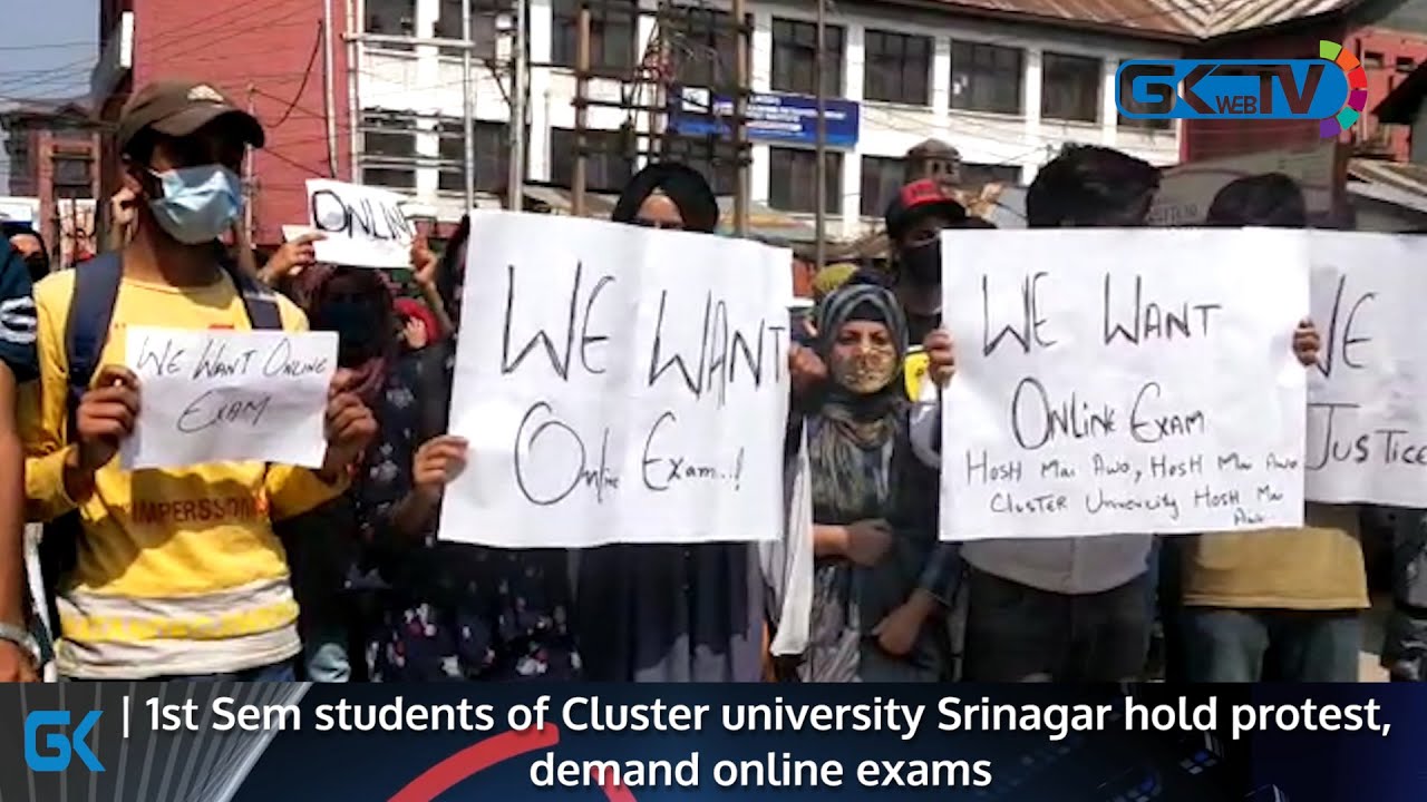 1st Sem students of Cluster university Srinagar hold protest, demand online exams