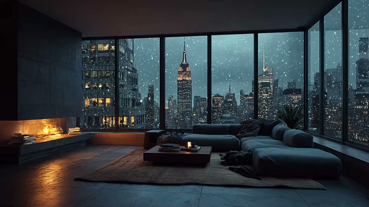 Relaxing Snowfall Night in a Cozy New York City Loft with Fireplace Ambience