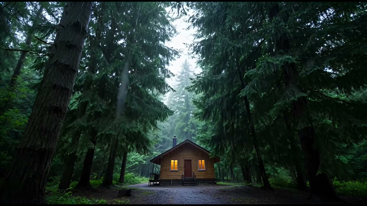 Rain Falling Around Forest Cabin  Calm & Cozy Sounds