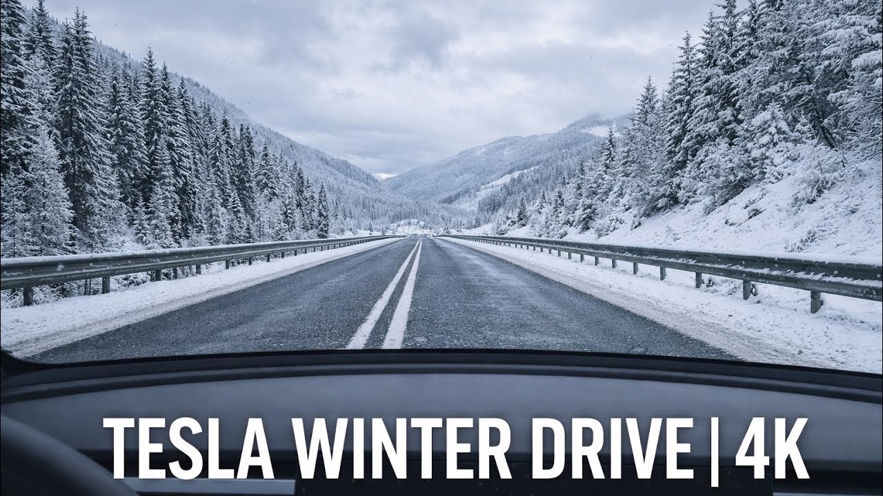 Tesla Winter Drive Through the Carpathian Mountains | Snowy Road Ambience 4K