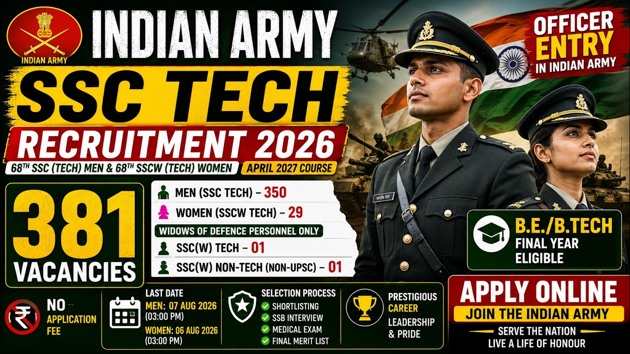 Indian Army SSC Tech Recruitment 2026 | 381 Officer Vacancies | B.E./B.Tech Eligible | Apply Online