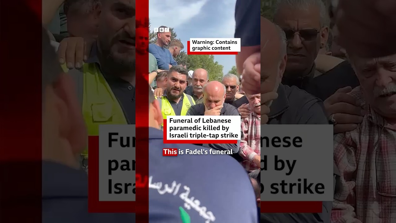 Funeral of Lebanese paramedic killed by Israeli triple-tap strike. #Lebanon #Israel #News #BBCNews