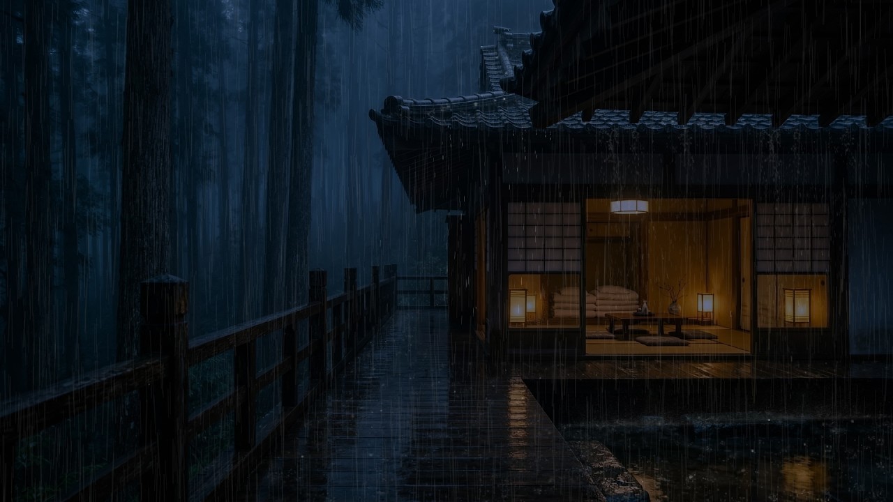 Heavy Rain at Night on a Quiet Forest Wooden Cabin with Relaxing Rain Ambience