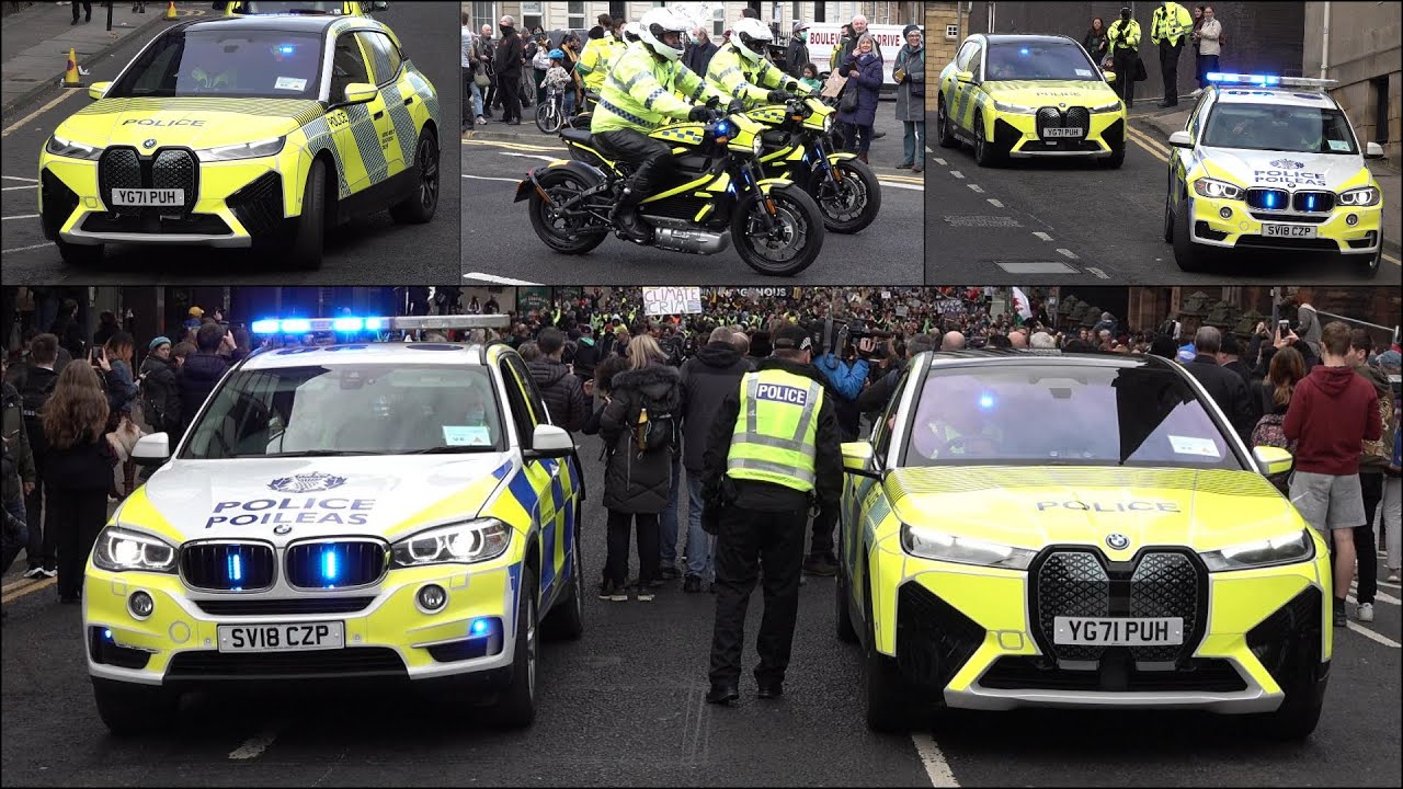 NEW CONCEPT: Electric police car and bikes escort protest during Climate Conference COP26 🌍
