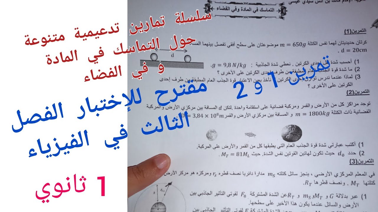 تمرين (1 و 2) مقترح للإختبار الفصل الثالث في الفيزياء (التماسك في المادة و في الفضاء) للسنة 1 ثانوي