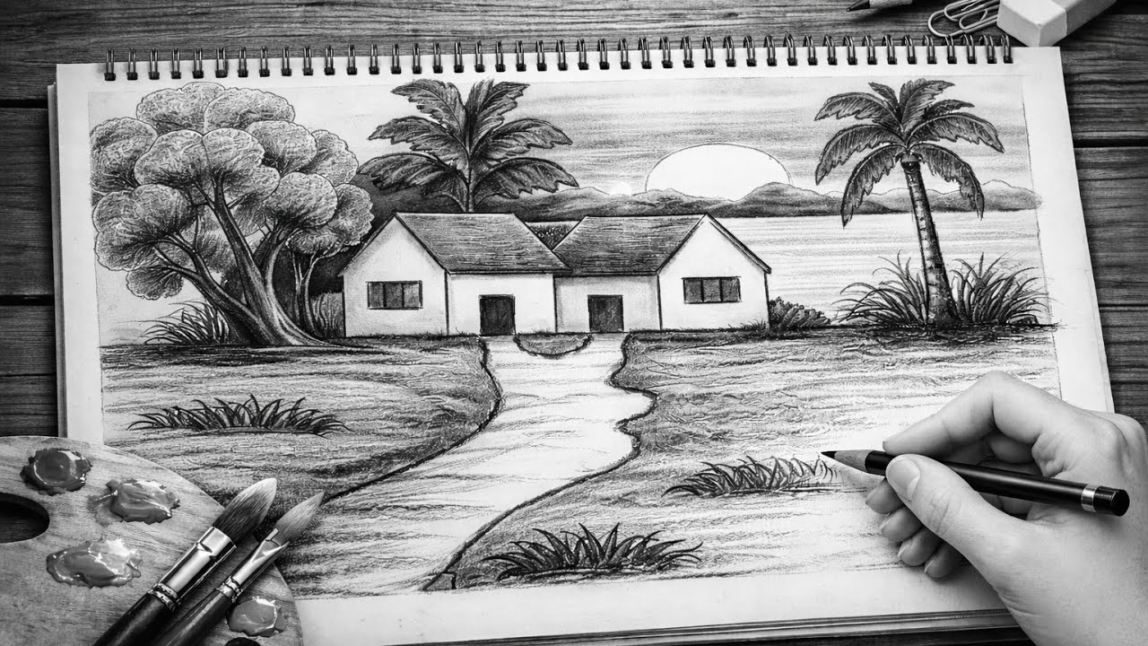 Easy Village Landscape Drawing with Pencil | Simple Scenery Drawing for Beginners Step by Step