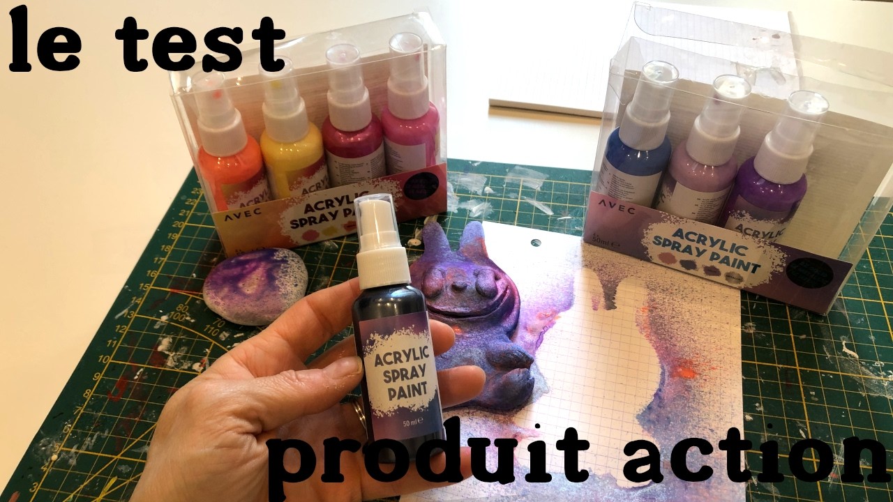 test kit sprays acryliques de chez Action sur papier galet et argile
