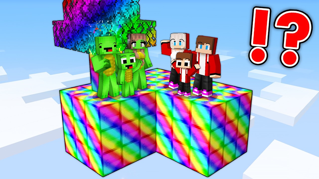 JJ Family and Mikey Family Survive on a Rainbow Block in Minecraft - Maizen
