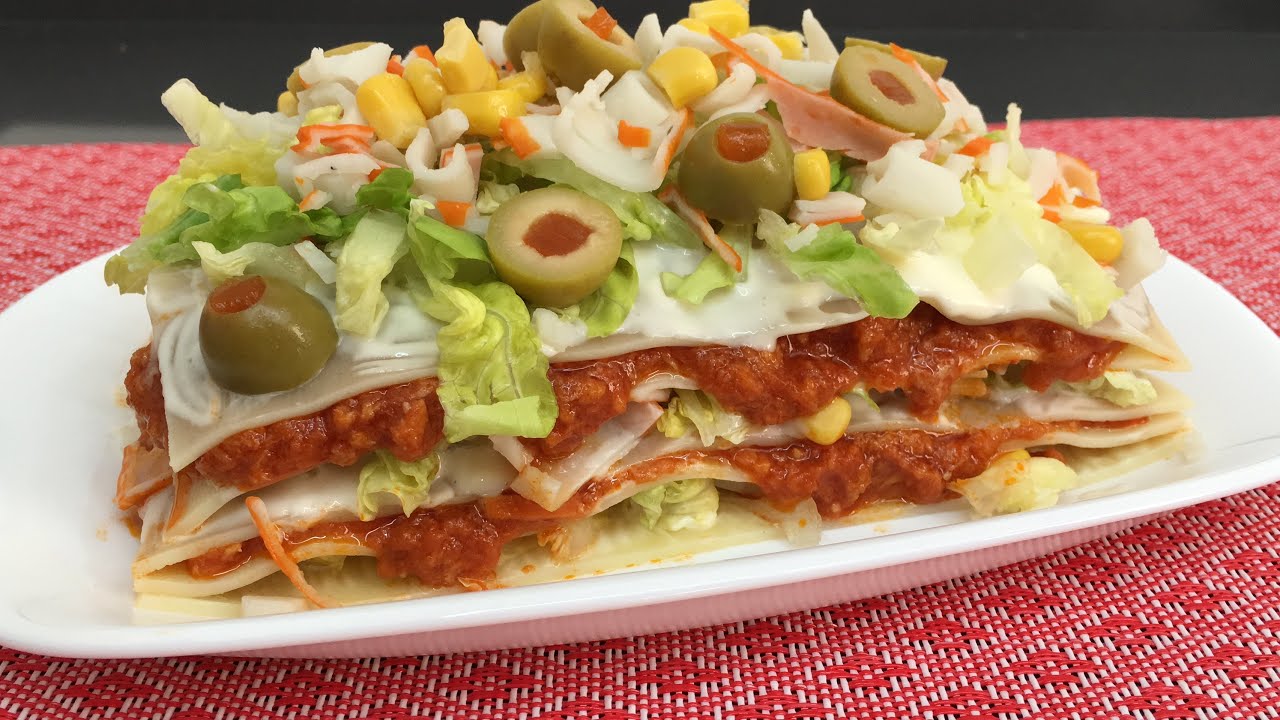 lasaña fría, sin horno, fácil y rápida de hacer