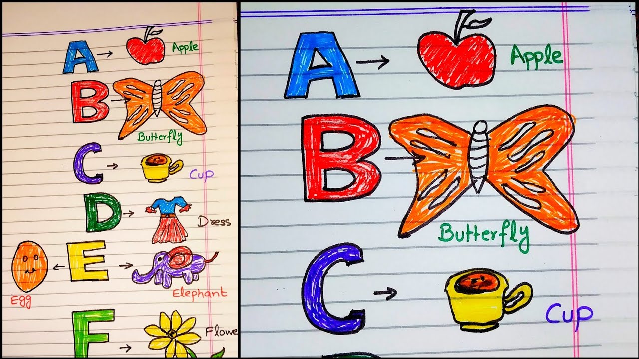 Learn Alphabets A to G with words - Colouring and drawing Alphabets for kids learning 