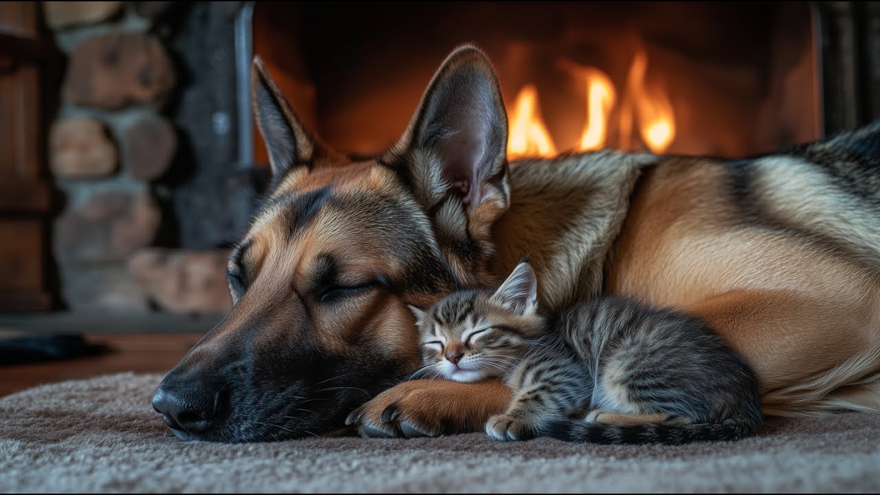Piano & Fireplace Ambience 🔥 with Sleeping German Shepherd and Kitten | Cozy Relaxing Ambiance 🐾