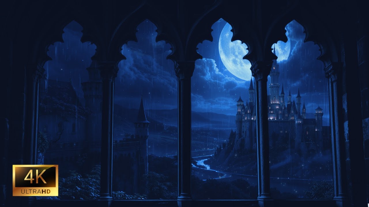 Hogwarts Window View at Night | Rain & Thunder Sounds