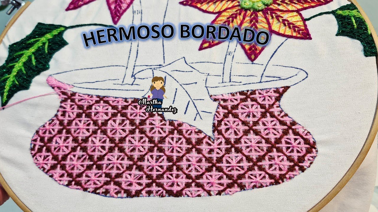 Bordado Fantasía Maceta Nochebuenas Hand Embroidery