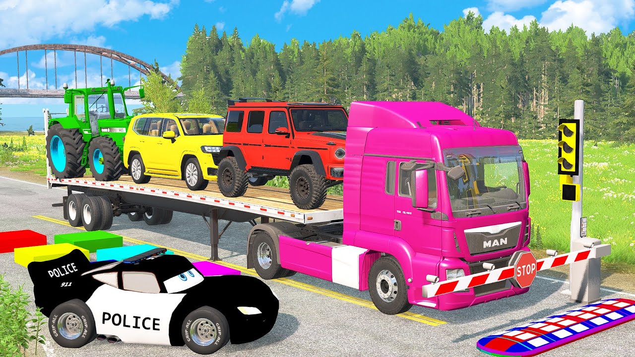 TRANSPORTING PIXAR CARS & FRUITS WITH COLORED & JOHN DEERE vs CLAAS vs TRACTORS - BeamNG.drive #983