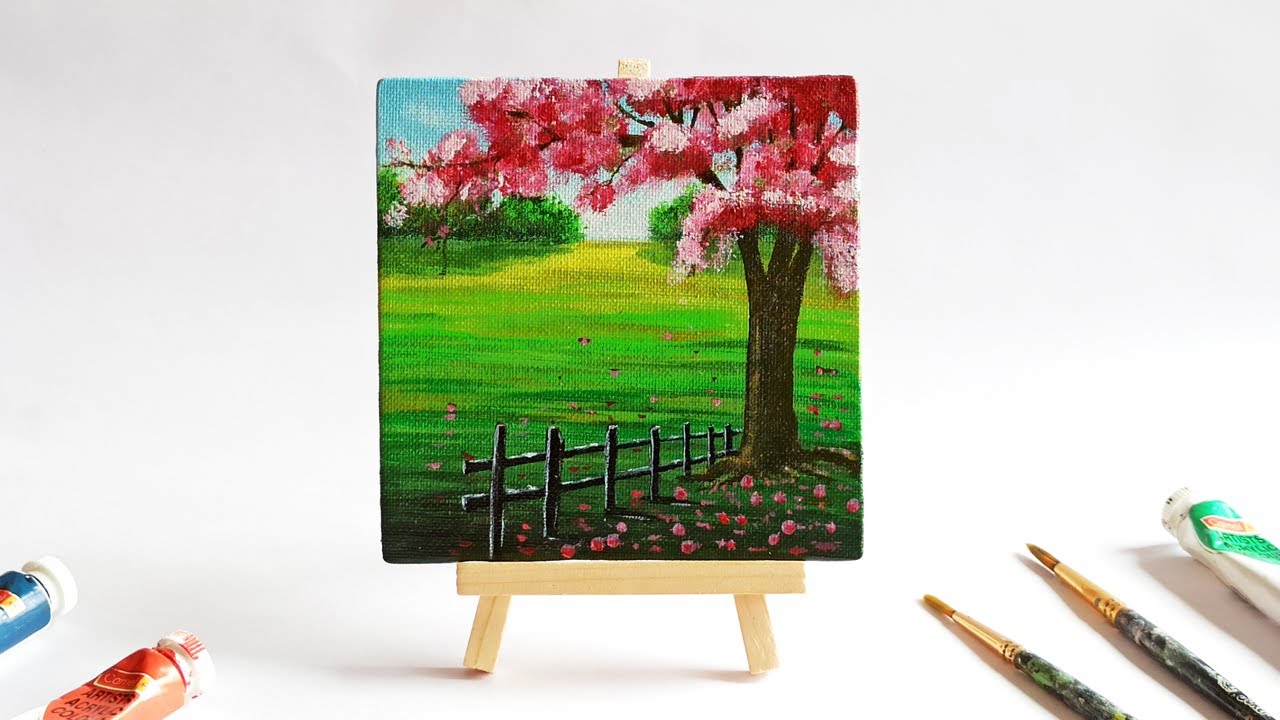 Cherry Blossom Tree Acrylic Painting Tutorial For Beginners | Easy Mini Canvas Painting Tutorial