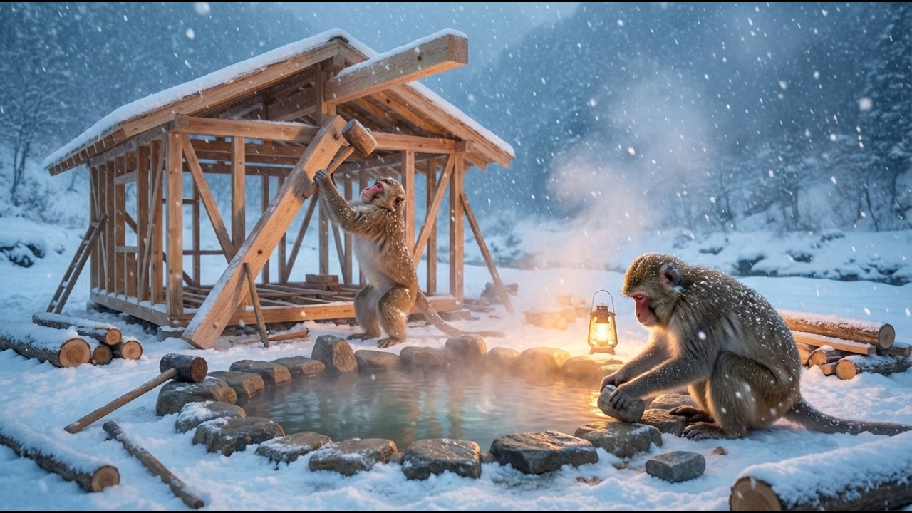 Indian Monkeys Build a Hot Spring and Warm Wooden House in the Middle of a Snowstorm (ASMR)
