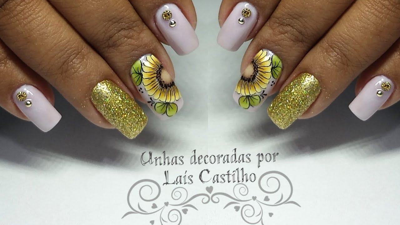 Unhas decoradas fácil e linda com girassol